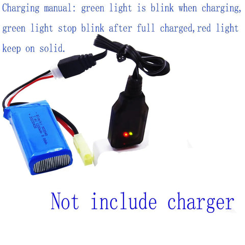 2 Pack 7 4V 1200mAh LiPo Batteries With USB Charger Cables For 1 To 18 Scale RC Trucks Replacement Includes Mini Tamiya Plug And T Plug Adapters For 9310YL 9300 9301E 9302E 9303E 9304E 9305E 9300 on white background with charging instructions