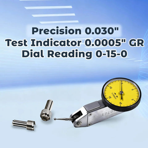 Dial test indicator with yellow 0.030-inch dial, gray metal body and small adapters, front view