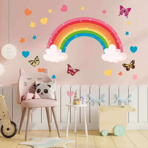 Glow In The Dark Large Rainbow Wall Decals With Stars Hearts And Butterflies Removable Watercolor Vinyl Sticker For Nursery