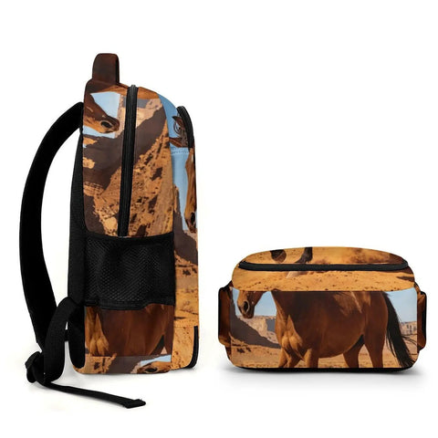 Western Style Horse Print Unisex Backpack With Large Capacity For School, Work, And Travel alongside matching pouch