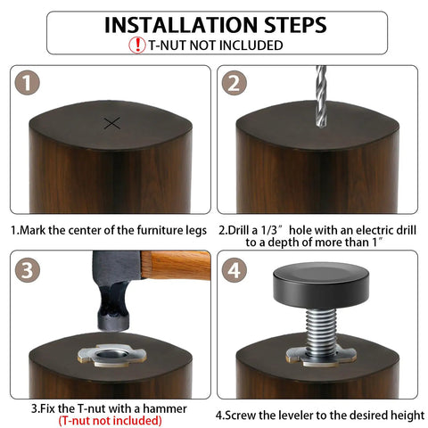 Installation steps for Heavy Duty One Quarter Inch Threaded Leveling Feet Set, Sixteen Adjustable Furniture Feet For Tables, Desks, And Cabinets.