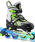 Adjustable Inline Skates For Kids And Teens With Light Up Wheels, 3 Sizes S M L, green and black design with glowing wheels.