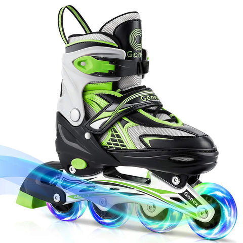 Adjustable Inline Skates For Kids And Teens With Light Up Wheels, 3 Sizes S M L, green and black design with glowing wheels.