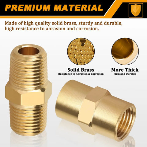 Brass Pipe Fittings Set Twelve Pieces Hex Nipple And Coupling NPT One Eighth Inch Male And Female Threads For Plumbing DIY Friendly Easy Install Durable Seal Quick Connect Hardware Kit, solid brass fittings
