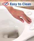 Hand cleaning toilet with easy-off hinges, demonstrating Round Wood Toilet Seat With Easy Off Hinges, Wiggle Free Design, and Antimicrobial Protection Against Stains and Odors, Easy Clean and Quick Removal, Fits Standard Toilets, Measures 16.54 x 16.5 x 0.99 Inches.