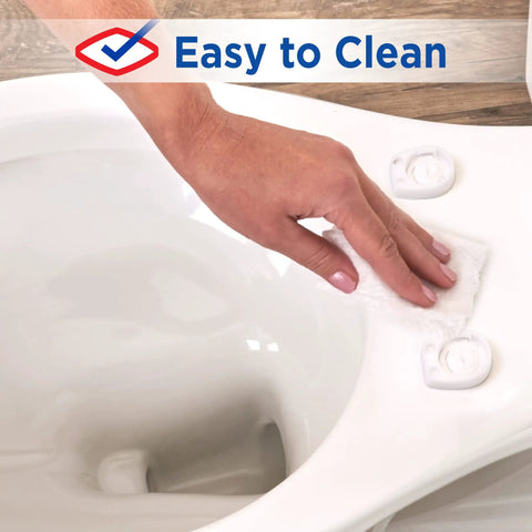 Hand cleaning toilet with easy-off hinges, demonstrating Round Wood Toilet Seat With Easy Off Hinges, Wiggle Free Design, and Antimicrobial Protection Against Stains and Odors, Easy Clean and Quick Removal, Fits Standard Toilets, Measures 16.54 x 16.5 x 0.99 Inches.