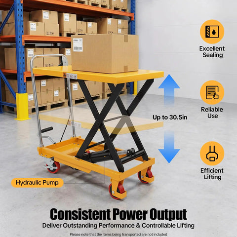Solid Frame Hydraulic Scissor Lift Table Cart With Five Hundred Pound Capacity And Four Quiet Rollers in warehouse, adjustable up to 30.5in.