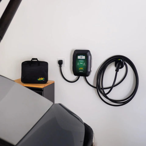 Level 2 Wall Mounted EV Charger With 40 Amp Fast Charging And 25 Foot Flexible Cable NEMA 14 50 Plug on wall with charging cable.