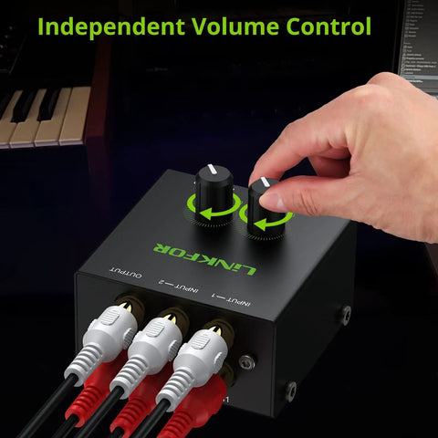 Dual Channel Stereo Mixer For Computer And Console Setup, Easy Two-Source Audio Mixing With Gold-Plated RCA Jacks, One Output To Amplifier Or Active Speakers