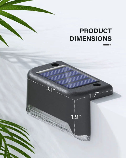 Solar Powered Deck Lights 20 Pack Outdoor Waterproof Tiny LED Step Lights dimensions and solar panel view