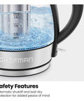 Cordless Glass Electric Kettle With Infuser 1.2L 1500W Fast Boil BPA Free Auto Shut Off displaying water levels and boil indicators