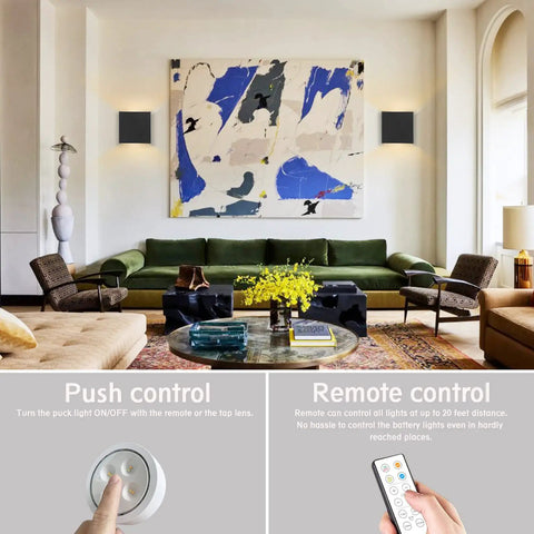 Living room with cordless battery operated cube wall sconces with remote dimmable LED up and down lighting, 2 pack