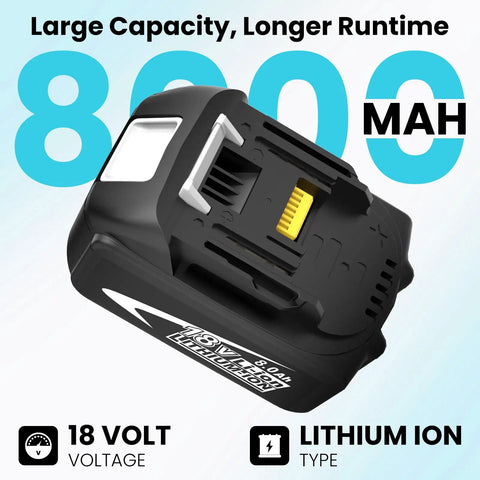 Image of 8000mAh Replacement Battery for Makita 18V Tools with LED charge indicator, 8Ah high capacity Li-ion battery.