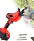 Heavy Duty Cordless Reciprocating Saw With Battery And Charger For Cutting Wood Metal And Tough Bones Pure Copper Motor, red handheld tool with saw blade.