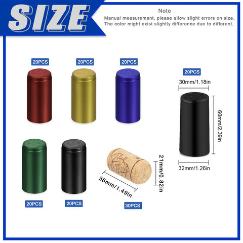 Sharp Pvc Heat Shrink Wine Bottle Capsule Kit Featuring Five Vibrant Seal Wraps And Thirty Quality Cork Stoppers For Flawless Finish And Badass Homemade Winemaking Vibes That Truly Shine, showcasing colorful capsules and corks.