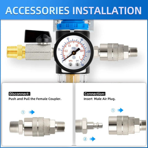 Accessories installation guide for Air Compressor Moisture Filter With Water Separator, 1/4 Inch NPT Inlet, 150 PSI Gauge