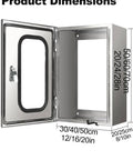 Heavy Duty Outdoor EV Charger Enclosure Wall Box dimensions showing sizes: 30/40/50cm and 50/60/70cm in rugged steel.