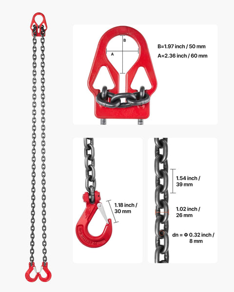 Heavy Duty Chain Sling 5/16 In By 10 Ft With Two Leg Grab Hooks, G80 Alloy Steel Lifting Sling, 7000 Lbs Capacity diagram
