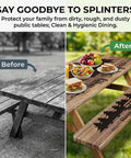 Before and after view of picnic tables, highlighting splinter-free wooden surface with decorative patterns and colorful food setting.