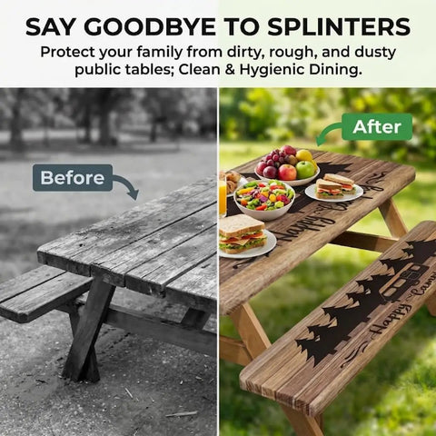 Before and after view of picnic tables, highlighting splinter-free wooden surface with decorative patterns and colorful food setting.