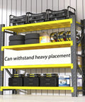 Heavy Duty Four Tier Garage Shelving Unit Built Tough With Diagonal Support Beams No Fuss Clutter Crusher Storage Rack For Workshop Basement Black Yellow Steel Frame with tires and tools