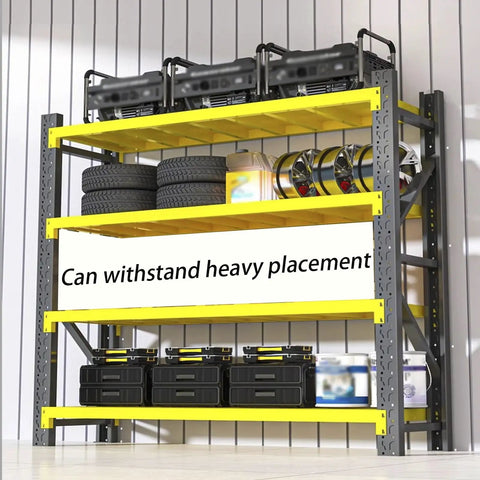Heavy Duty Four Tier Garage Shelving Unit Built Tough With Diagonal Support Beams No Fuss Clutter Crusher Storage Rack For Workshop Basement Black Yellow Steel Frame with tires and tools