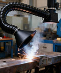Pro Shop Ready 360 Swivel Fume Extractor With Bamboo Suction Tube And Rugged Exhaust Hose capturing welding fumes from metalwork.