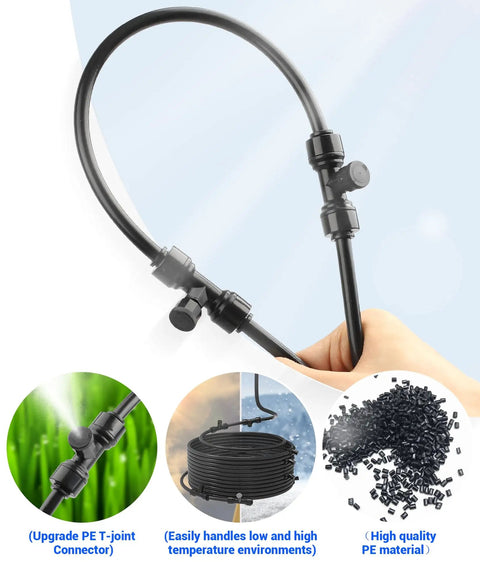 Outdoor Misting System For Patio Cooling, 30Ft Run With 22 Nozzles, focus on PE T-joint connector and materials.