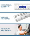 Image showing features of the 12 Inch Aluminum Ruler With Dual Inch And Metric Scales, Precise Markings, and a hang hole for storage.