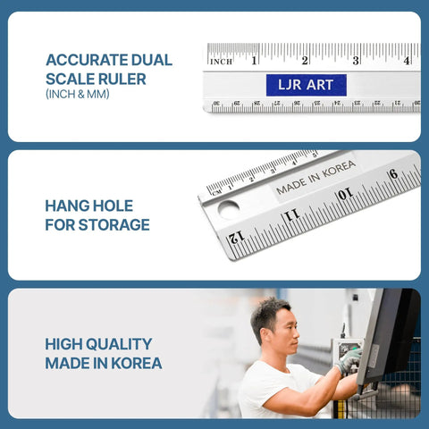 Image showing features of the 12 Inch Aluminum Ruler With Dual Inch And Metric Scales, Precise Markings, and a hang hole for storage.