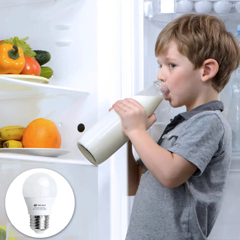Child drinking milk near open fridge with Led Refrigerator Light Bulb 4 Watt Waterproof Freezer Light Bulbs A15 E26 Medium Base Appliance Fridge Light Bulb 40 Watt Equivalent 120V Daylight White Not Dim Pack Of 2 inset.
