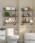 Rustic Three Tier Industrial Pipe Floating Shelves Straight Fire Modern Farmhouse Vibe With Sturdy Iron Metal Rack For Bathroom Kitchen Storage And Vintage Decor with towels and toiletries.