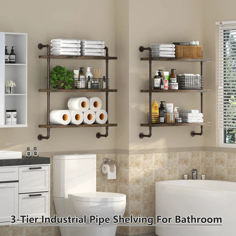 Rustic Three Tier Industrial Pipe Floating Shelves Straight Fire Modern Farmhouse Vibe With Sturdy Iron Metal Rack For Bathroom Kitchen Storage And Vintage Decor with towels and toiletries.