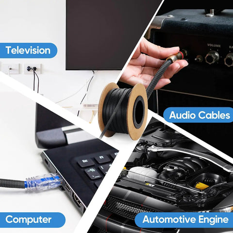 Super Durable PET Braided Wire Loom Expandable Cable Sleeve 300 Feet In One Quarter One Half And Three Eighths Inch used for TV, audio, computer, engine.