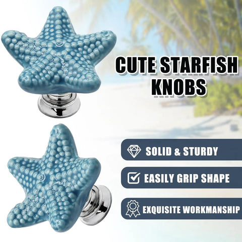 Super Snazzy Coastal Blue Ceramic Starfish Drawer Knobs 4 Pack With Solid Zinc Alloy Mounts For Kitchen Cabinet Makeover Legit Glossy Finish close-up