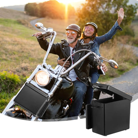 Bulletproof 3 Pack Breakaway Battery Box For Trailers And Travel Trailers Lockable Spare Battery Case Keeps Your Tow Game Tight And Fully Compliant 6 X 5.5 X 3.25 Inches with couple on motorcycle.