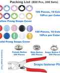 Snap Fasteners Tool Kit 800 Pieces In 200 Sets Hollow And Solid Metal Prong Snaps With Setting Tool For Clothing Sewing
