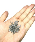 Built Tough Precision Ground 2mm X 10mm Dowel Pins 60 Pack stainless steel dowel pins in hand, showing heavy duty design.