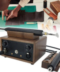 Straight Up Kickass Electric Leather Creasing Iron With Adjustable Heat Ergonomic Walnut Grip And Five Interchangeable Heads For Smooth Leather Crafting Every Time, displayed with control knobs and tips.