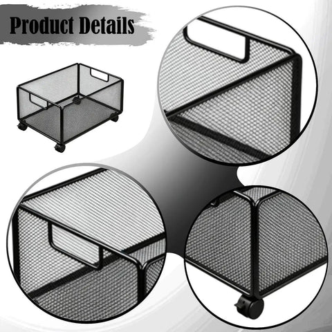 Smooth Rolling Storage Cart With Heavy Duty Iron Construction And Open Shelves, black mesh design with wheels for easy mobility.