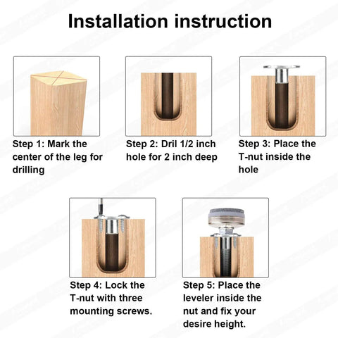 Installation instructions for Heavy Duty Adjustable Furniture Leveling Feet For Tables, Chairs, Cabinets, And Sofas with T Nut Kit.