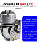 Rock Solid Universal Indexing Head For Rotary Table Featuring Precision Milling Three Jaw Chuck With Smooth Vertical And Horizontal Operation Dead Nuts Accurate Angle Adjustment Up To Ninety Degrees Eight Inch Kit showing adjustable tilt angle 0-90 degrees.