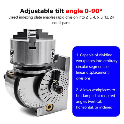 Rock Solid Universal Indexing Head For Rotary Table Featuring Precision Milling Three Jaw Chuck With Smooth Vertical And Horizontal Operation Dead Nuts Accurate Angle Adjustment Up To Ninety Degrees Eight Inch Kit showing adjustable tilt angle 0-90 degrees.