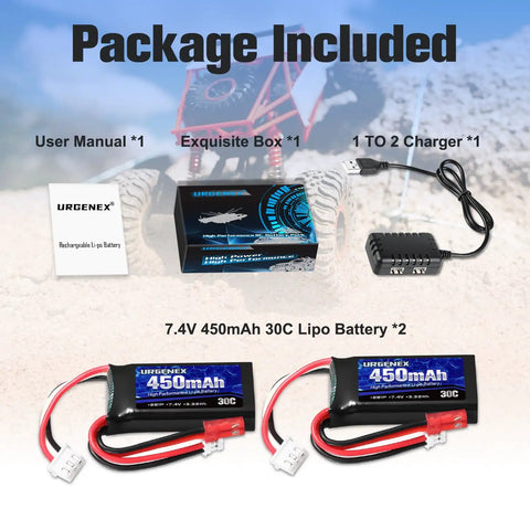 7.4V 450mAh 2S LiPo Battery With JST And PH2.0 Plugs, 30C Discharge, Rechargeable RC Juice for cars with USB charger and manual