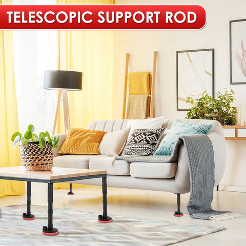 Living room with coffee table supported by telescopic support rods, illustrating 2 Pack Cabinet Jacks For Installing Cabinets.