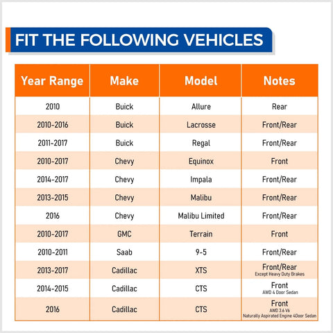 Compatibility chart for cars fitting the Front Or Rear Wheel Hub Bearing Assembly With ABS For 5-Lug GM Vehicles.