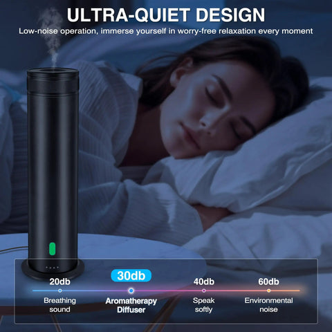 No Water Needed Scent Diffuser Starter Kit For Home And Hotel, Sleek Aluminum Tower Design near a sleeping woman