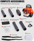 Gas Powered Backpack Leaf Blower With 550 CFM And 230 MPH Airflow, 52cc Engine, accessories laid out including tubes and straps