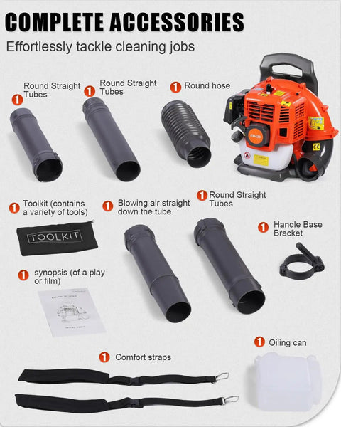 Gas Powered Backpack Leaf Blower With 550 CFM And 230 MPH Airflow, 52cc Engine, accessories laid out including tubes and straps