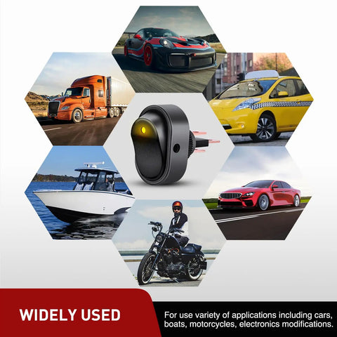 Five Pack LED Lighted Rocker Switch 12V 30A 3 Pin SPST Oval with cars, motorcycle, boat images in hexagons